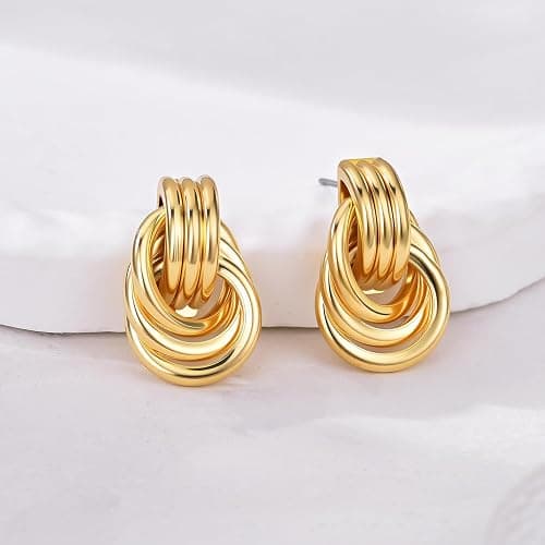 AIDSOTOU 6 Pairs Chunky Gold Earrings For Women Trendy Statement Gold Plated Flower Shell knot Dangle Earrings Lightweight Hypoallergenic Fashion Jewelry Set thumbnail 9