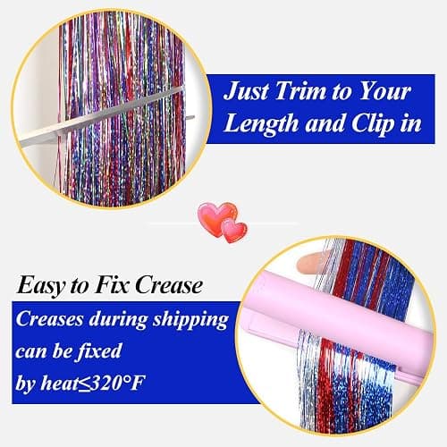 OSUNTRESS Red Hair Tinsel Clip In Accessories for Women 480 Strands 6Pcs | 20-22 Inch Fairy Clip On Hair Tinsel Kit Glitter Heat Resistant Straight Colored Extensions for USA Girl Festival Party Beach thumbnail 5