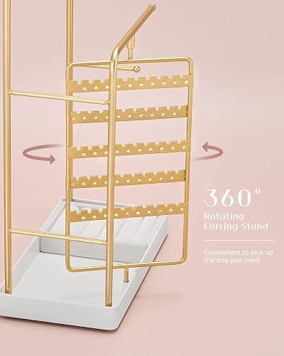 ProCase Jewelry Stand Holder Organizer, Jewelry Display Storage with Ring Tray, Rotating Earring Bracelet Necklace Holder, Valentine's Gifts Room Dorm Decor for Teen Girls -Gold (No-Assembly) thumbnail 5