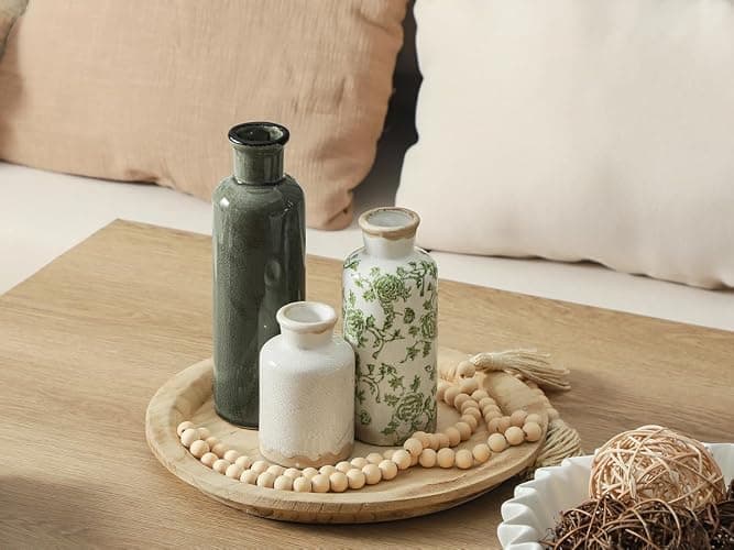 Vintage Vase Set of 3, Ceramic Vintage Flower Vases, Chinoiserie Decorative Home Decor Retro Floral Vase Rustic Farmhouse Decor for Table Bookshelf Mantel Kitchen Living Room Office - Green and Beige thumbnail 7