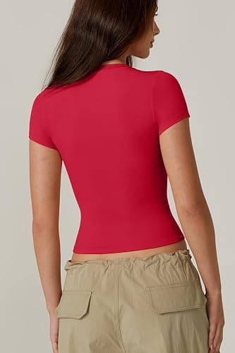 QINSEN Women's Crew Neck Short Sleeve Double-Layer Tops Basic Slim Fit Going Out T Shirt thumbnail 5