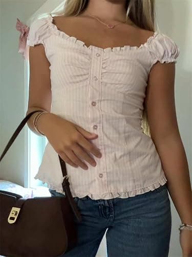 VnimVinter Women Fairy Grunge Y2k Shirt Vintage Short Sleeve 2000s Fairycore Aesthetic Crop Top E-Girl Streetwear thumbnail 4
