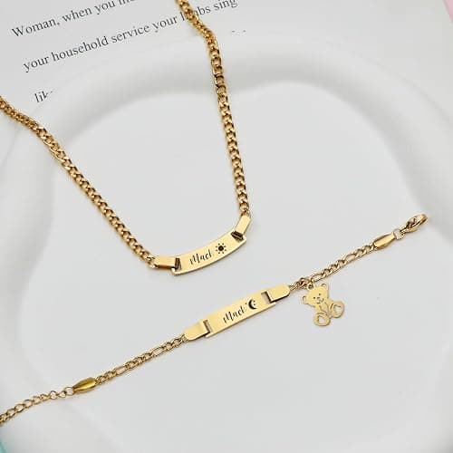 Malihome Personalized Bracelet & Necklace Set Custom Engraving Name/Text/Birth Date Stainless Steel Bracelets Gift for Baby Baptism Toddler New Mom thumbnail 5