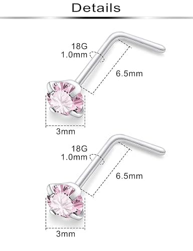 Ftovosyo Hypoallergenic Nose Rings Studs 18G & 20G Surgical Steel Nose Studs L Shaped Nostril Piercing Jewelry with Pink Cubic Zirconia for Women & Men thumbnail 2