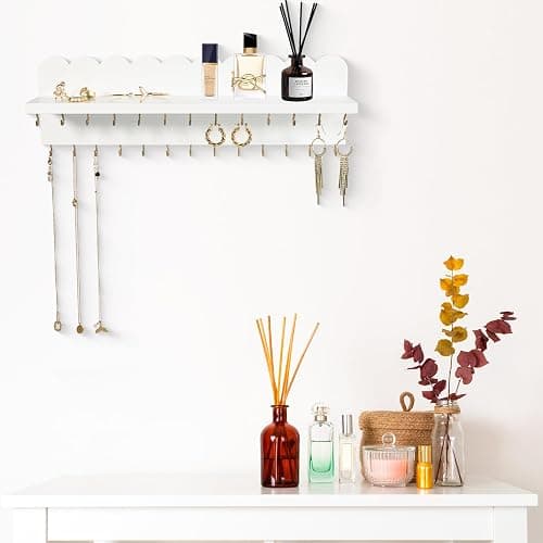 Lampaggio Wall Mount Jewelry Organizer with 26 Hooks and Cosmetics Shelf, Modern Wood Hanging Jewelry Holder for Necklaces, Bracelets, Earrings and Rings, White thumbnail 2