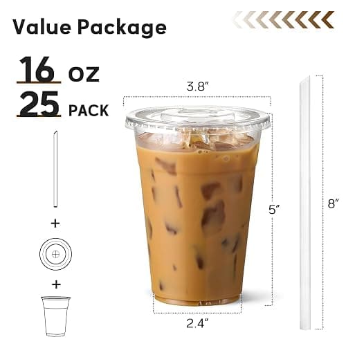 AOZITA 25 Pack - 16 oz Plastic Cups with Lids and Straws, Clear Iced Coffee Cups with Lids, Disposable Cups with Lids for Cold Drinks, Iced Tea, Milkshakes, Smoothies - Durable & BPA Free thumbnail 3