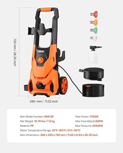 VEVOR Electric Pressure Washer, Max 4200 PSI 2.8 GPM, High-Power Cleaner with Foam Cannon & 4 Nozzles for Driveways, Cars, Fences, Patios, Home Cleaning thumbnail 8