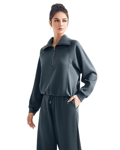 SUUKSESS Women 2 Piece Lounge Matching Set Wide Leg Sweatpant Half Zip Sweatshirt thumbnail 2