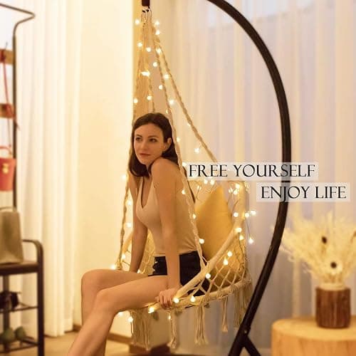 Hanging Chair for Bedroom Hammock Chair Swing with Lights and Hardware Kits Holds Up to 550Lbs Macrame Swing Chair Hanging Cotton Rope Swing Chair for Bedroom, Patio, Deck, Garden and Porch-KASHAN thumbnail 8