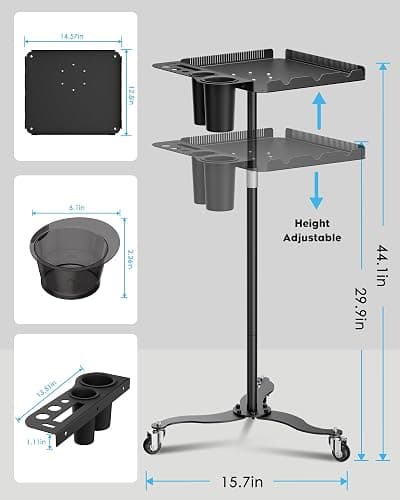 Salon Tray on Wheels,Metal Tray Rolling Cart with 2 Magnetic Bowls,Tattoo Tray, Salon Station with Hairstylist Holder and Hair Separator Stand,Multi-Function Adjustable with Wheels thumbnail 2