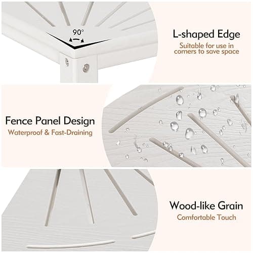 LOENIY 2-Tier Corner Shower Stool with Hooks & Soap Dish, HDPE Shower Bench for Shaving Legs, Wood-Like Shower Stool for Inside Shower with Non-Slip Foot Pads, Waterproof Shower Foot Rest (White) - White thumbnail 7