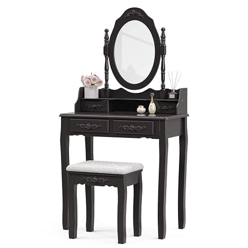 Alohappy Girls Vanity Desk, Makeup Vanity Set with Mirror & Stool, Makeup Table Black Vanity Desk with 4 Drawers Vintage Rose Carving Dressing Desk for Bedroom, Studio (Black) thumbnail 7