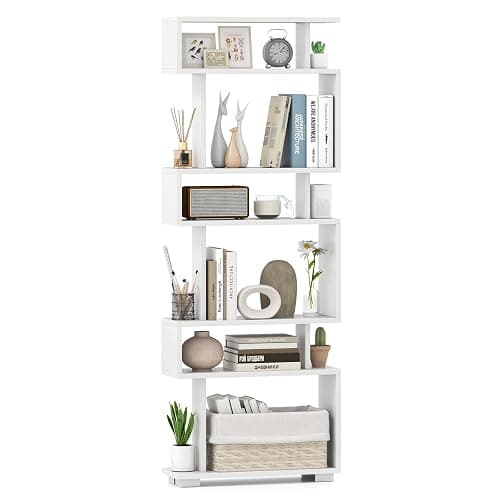 Giantex 6-Tier Geometric Bookcase, 64" Tall S-Shaped Bookshelf with Anti-Tipping Kit, Wood Freestanding Decorative Storage Display Shelves for Living Room, Bedroom & Home Office, White - Image 1