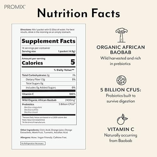 ProMix Nutrition Debloat Prebiotics and Probiotics with Baobab - Rich in Vitamin C, Bloating Relief, Immune Support - Orange - 30 Servings (Pack of 30) - Florida Orange - 0.17 Ounce (Pack of 30) thumbnail 5