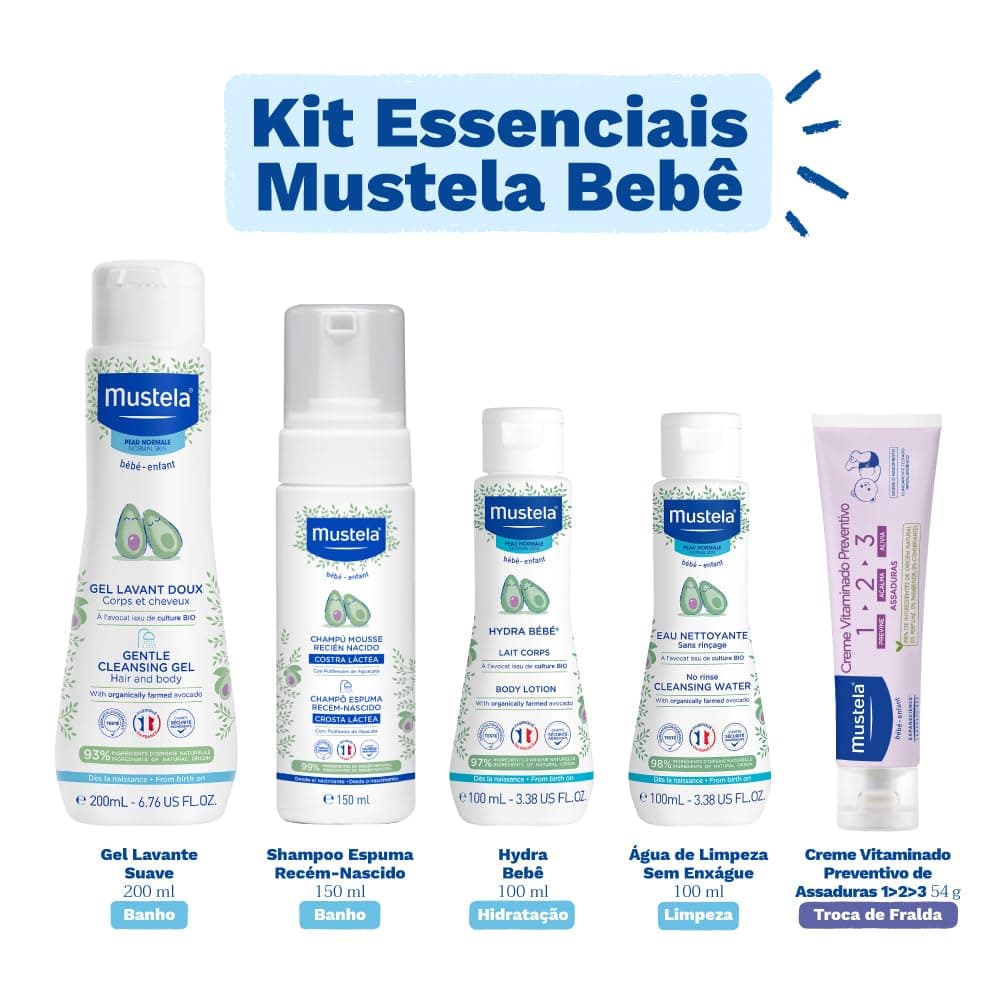 Mustela Kit Essenciais Bebê e Criança - Gel Lavante 200ml + Shampoo Recém-Nascido 150ml + Hydra Bebê 100ml + Água de Limpeza 100ml + Creme Vitaminado Preventivo De Assaduras 54g - Edição limitada thumbnail 3