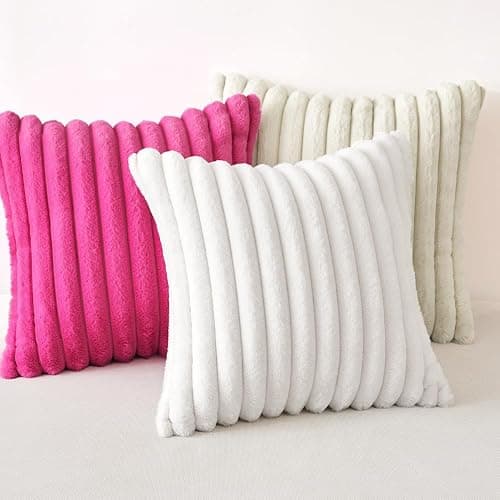 MIULEE White Throw Pillow Covers 18x18 Inch Set of 2 Fuzzy Striped Soft Pillowcase with Velvet Back Faux Rabbit Fur Cushion Covers Christmas Decorative Home Pillows for Sofa Couch Bedroom Car thumbnail 5