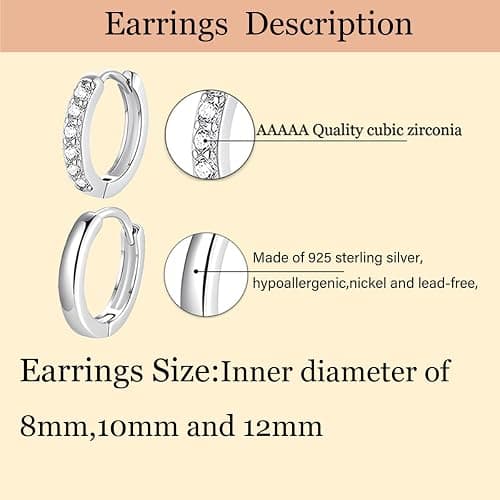 Cocadant 6 Pairs 925 Sterling Silver Small Hoop Earrings for Women,14k Real Gold Hypoallergenic Tiny Cubic Zirconia Cartilage Huggie Earring Sets for Multiple Piercing Trendy Jewelry 8/10/12mm thumbnail 7