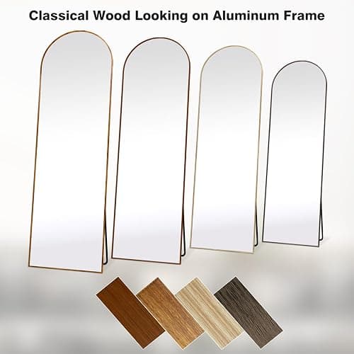 Arched 19x57 Inch Full Length Mirrors Aluminium Frame in Retro Reddish Brown Wood Looking Free Standing Floor Mirror Full Body Wall Mounted for Bedroom Living Room and Hallway thumbnail 6