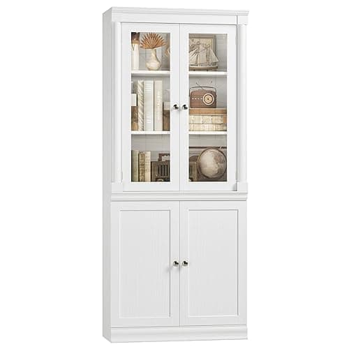 FACBOTALL 71.3'' Tall Bookcase with Glass Doors, Farmhouse Book Shelf with Adjustable Shelf, Tall Bookshelf with Storage, Bookshelves and Bookcases with 5 Tier Display Storage for Living Room, White thumbnail 9