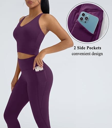 OMKAGI 2 Piece Workout Sets for Women Padded Workout Tops Booty Leggings with Pockets Gym Sets thumbnail 4