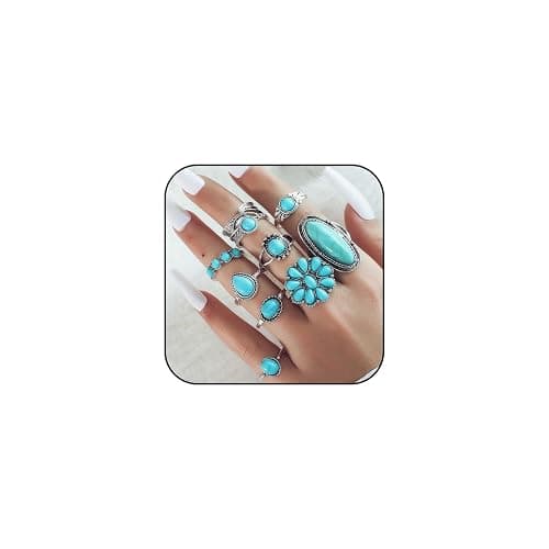 Western Turquoise Rings Set for Women Vintage Bohemian Stackable Finger Knuckle Ring Western Statement Oval Flower Jewelry - Image 1