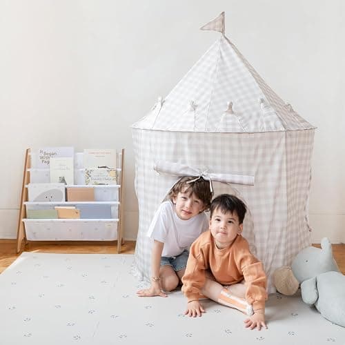 3 Sprouts Kids Play Tent - Sustainable Recycled Fabric – Fun Spacious Childs Playhouse for Indoor Games for Boys & Girls - Durable Fort Pop Up House for Toddlers & Children Age 3-10 - Gingham Beige thumbnail 2