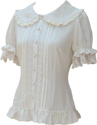 TanQiang Women's Sweet Lolita Shirt Short Puff Sleeve Flower Embroidered Peter Pan Collar White Ruffle Blouse - Image 1
