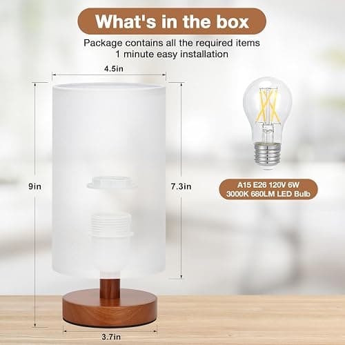 Fenmzee Small Table Lamp for Bedroom - Inline Control, Bedside Lamp with 3000K A15 LED Blub, Easy Assembly (White Shade - Walnut Base, 9" Inline Control) thumbnail 3