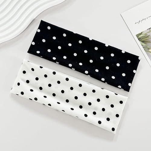 2Pcs Polka Dot Headband Black White Headbands Elastic Polka Dots Hair Accessories Non Slip Fashion Head Bands Vintage Design Sports Yoga Workout Wide Headbands Cute Hair Styling Decorations for Women thumbnail 8