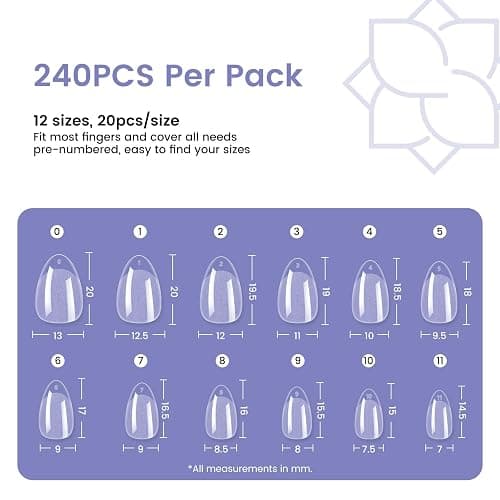 Extra Short Almond Nail Tips: 240Pcs Small Almond Shape Soft Gel Fake Nail Tips for Nail Extension, 12 Sizes Full Cover Clear Press on Nails for Girls for Home DIY Salon thumbnail 7