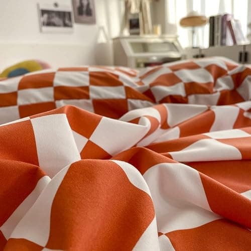 KAREVER Orange Grid Bed Sheet Set Orange White Checkered 4 Pieces Bedding Sheet Set 1 Fitted Sheet 1 Flat Sheet with 2 Pillowcases Orange Plaid Sheet Queen Size thumbnail 3
