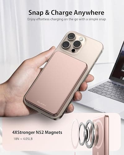 [0.3" Ultra Slim] [Alloy-Made] ULiXWH for Magsafe Portable Charger for iPhone, 2026 Upgrade 5000mAh Fast Charging Magnetic Power Bank, Wireless Battery Pack for iPhone 17 Air 16 15 Pro Max 14 13, Pink thumbnail 5
