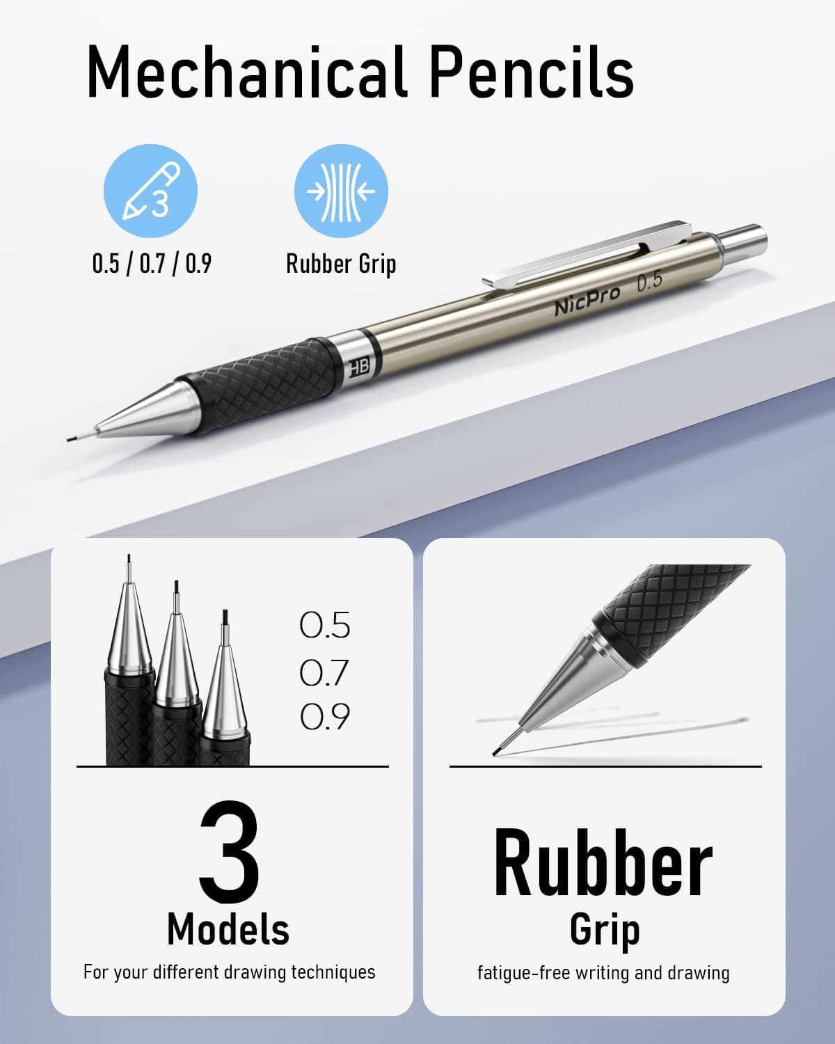 Nicpro 6pcs Mechanical Pencils Set, 3pcs 2mm Lead Holder, Clutch Propulsion Drawing Pen 0.5mm & 0.7mm & 0.9mm for Writing, Sketching, with 12 Tubes Lead Refills (2B 2H HB) thumbnail 3
