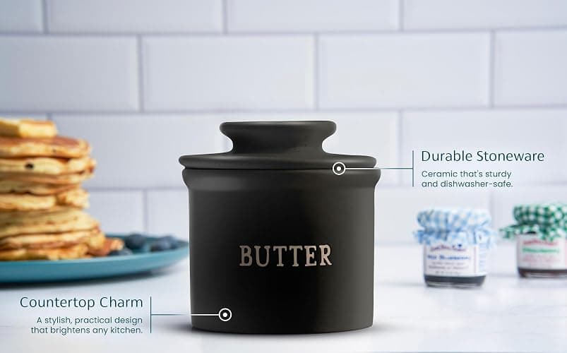 Kook Butter Crock with Lid, Soft Spreadable Butter, Ceramic French Butter Keeper to Leave On Counter with Water Line, Butter Dish, Home and Kitchen Decor, Perfect for Christmas Gift (Black) thumbnail 5