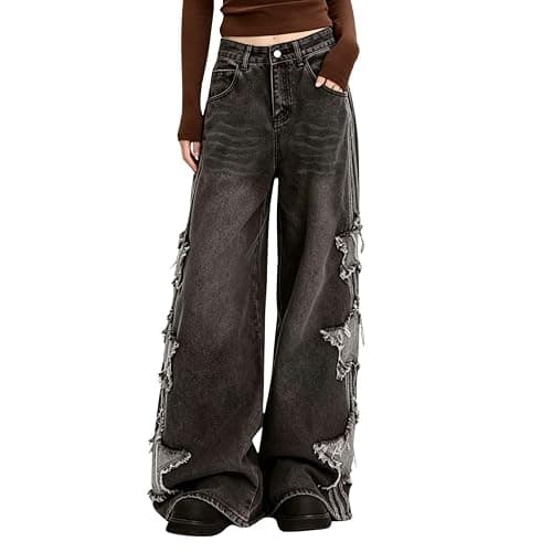 PEAINJ Star Jeans for Women Girls Baggy Cute Patchwork Denim Pants | Y2K Jean Pants,2000s Baggy Star Jeans,High Rise,Classic 4 Pockets,Grunge Trendy Clothes,Casual Aesthetic Outfits thumbnail 2