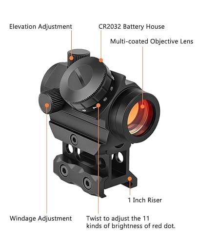 MidTen 2MOA Red Dot Sight 1x25mm Reflex Sight Waterproof & Shockproof & Fog-Proof Red Dot Scope with 1 inch Riser Mount thumbnail 6