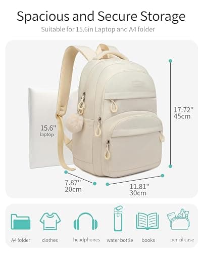 VANKANY Girls Backpack School Bag, Solid Backpack for Middle High School 15.6in Laptop Backpack with USB Charging Hole for Women, Aesthetic College Bookbag for Teens, Beige - Beige - 15.6in thumbnail 4