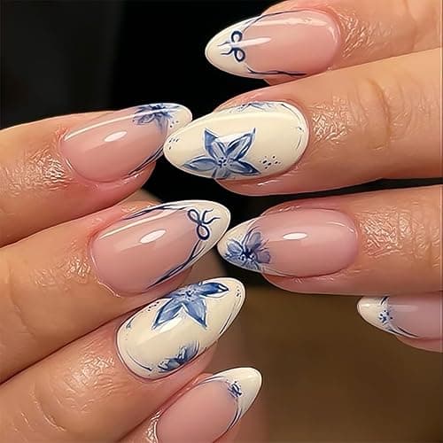 French Short Press On Nails Almond, Nude Fake Nails with Beige French Tip and Graceful Blue Floral Petal Design, Glossy Gel Finish Acrylic Nails, Natural Reusable Glue On Nails Kit for Women, 24 Pcs - 31-Petal Grace - Image 1