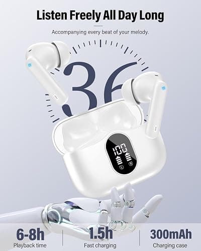 Wireless Earbuds, Bluetooth 5.4 Headphones Bass Stereo, Ear Buds with Noise Cancelling Mic, LED Display in Ear Earphones Clear Calls, IP7 Waterproof Bluetooth Earbuds for Laptop/Phones/Sports, White thumbnail 5