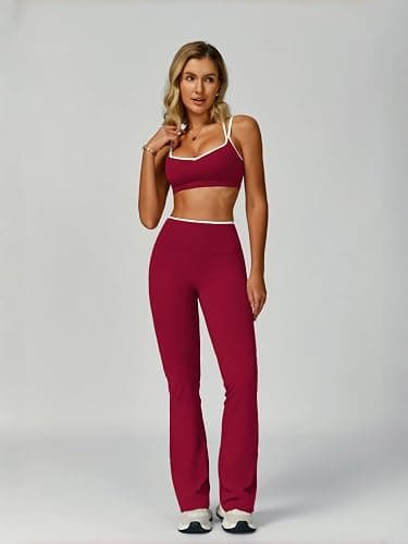 ABOCIW Workout Sets for Women 2 Piece Color Block Strappy Sports Bra High Waist Flare Leggings Gym Yoga Pilates Outfits thumbnail 2