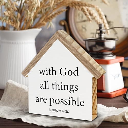 Christian Home Decor, Bible Verse with God All Things are Possible Matthew 19:26 House Shaped Wood Block Sign, Home Living Room Decor for Desk Table Shelf thumbnail 4