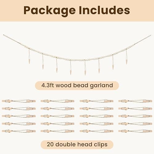 KLOGTSIND Hanging Photo Display with Clips Wall Decor, Boho Wooden Beads Garland Picture Banner, Collage Card Kids Art Holder Photo String with 28 Clips for Room Dorm Decor, Christmas Teen Girl Gifts thumbnail 5