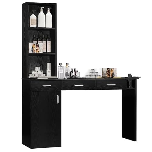 4ever2buy Barber Station for Hair Stylist, Salon Wall Station with Barber Cabinet, Hair Stations Equipment Hair Dryer Holder, Drawers, Wall Mount Barber Beauty Station, Mirror not Included, Black thumbnail 2