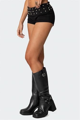 Fufuriprefer Women Y2K Low Waist Studded Shorts Punk Fold Over Slim Fit Skinny Micro Mini Shorts Low Rise Sexy Bottom thumbnail 5