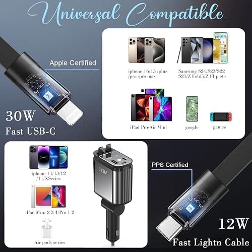 4 in 1 Retractable USB C Car Charger,69W with Starry Light,Fast Charging for iPhone 16/15/14/13/12,iPad,Android,Galaxy,Pixel,Cigarette Lighter Adapter (ForLightning+USB-C) - Lightning+USB-C - Grey thumbnail 3