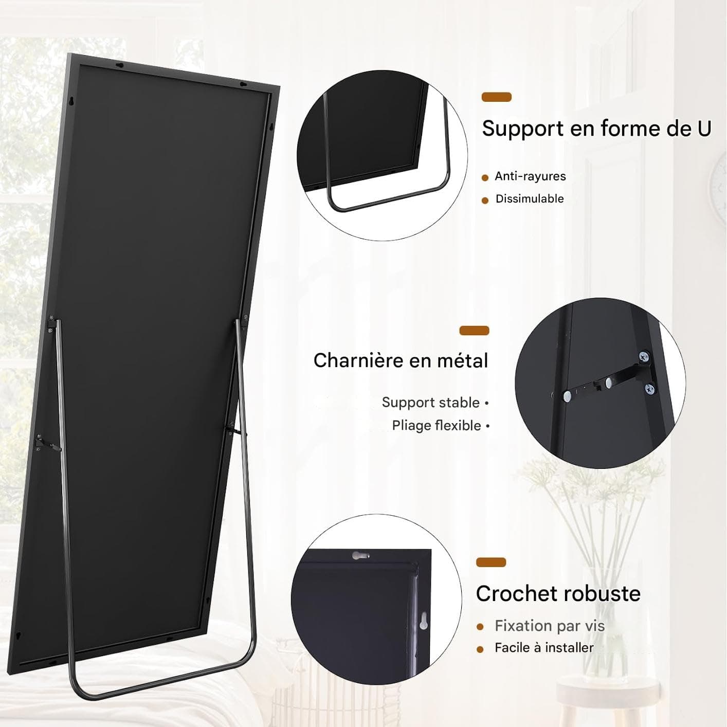 Koonmi 171 x 76 cm Standing Mirror, Robust Full Body Mirror with Minimalist Narrow Aluminium Frame, Modern Large Wall Mirror, Standing or Hanging for Living Room and Bedroom, Black thumbnail 5