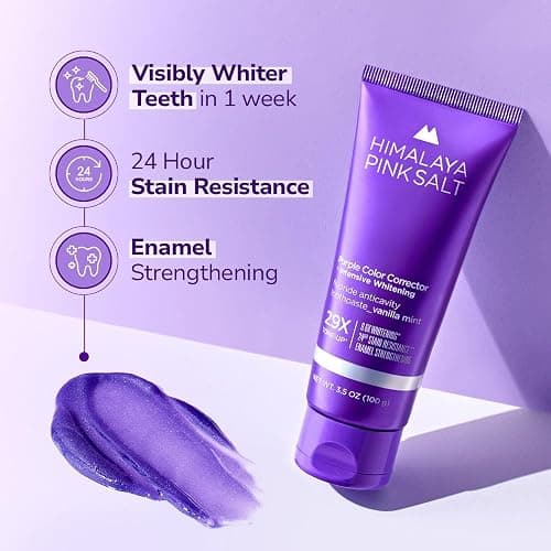 HIMALAYA PINKSALT Purple Whitening Toothpaste - Teeth Whitening, Deep Stain Remover with Fluoride, Plaque Remover, Appropriate for Sensitive Teeth, Peroxide Free - Vanilla Mint, 3.5 oz thumbnail 8