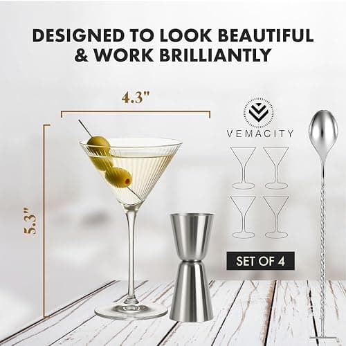 VEMACITY - Ribbed Martini Glasses Set of 4 | Silver Bar Tools - 8oz Cocktail Glasses | Espresso Martini, Margarita, Manhattan, Cosmopolitan - Art Deco Cocktail Gift Set | Ideal for Martinis thumbnail 2