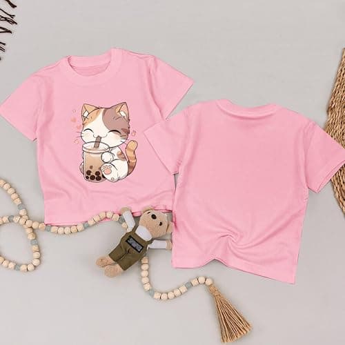 KEEVICI Cute Cat Shirts for Girls Graphic Tees Bubble Tea Tshirt Kids Kawaii Cartoon Animal Print T Shirt Summer Cotton Tops thumbnail 2