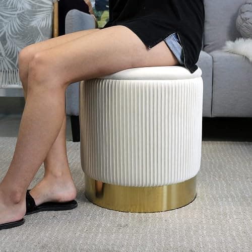 YYW HOME Round Ottoman with Storage Set of 2 Vanity Stool Foot Rest with Removable Lid White Velvet Storage Ottoman Stool for Living Room and Dorm thumbnail 8